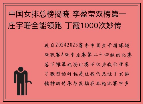 中国女排总榜揭晓 李盈莹双榜第一 庄宇珊全能领跑 丁霞1000次妙传