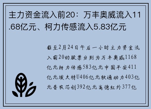 主力资金流入前20：万丰奥威流入11.68亿元、柯力传感流入5.83亿元